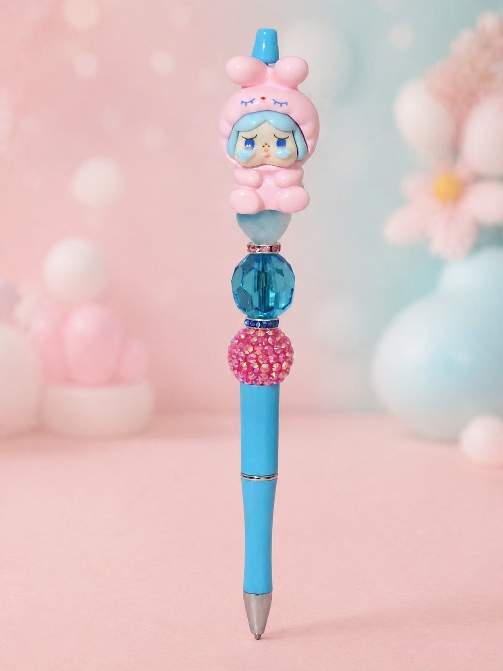 Cry-Baby Bunny Girl (Pink and Blue) Handmade Beaded Pen